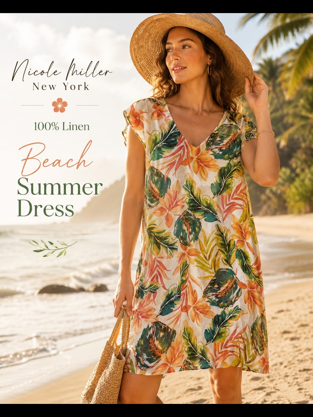 Nicole Miller New York 100% Linen Tropical Beach Summer Dress